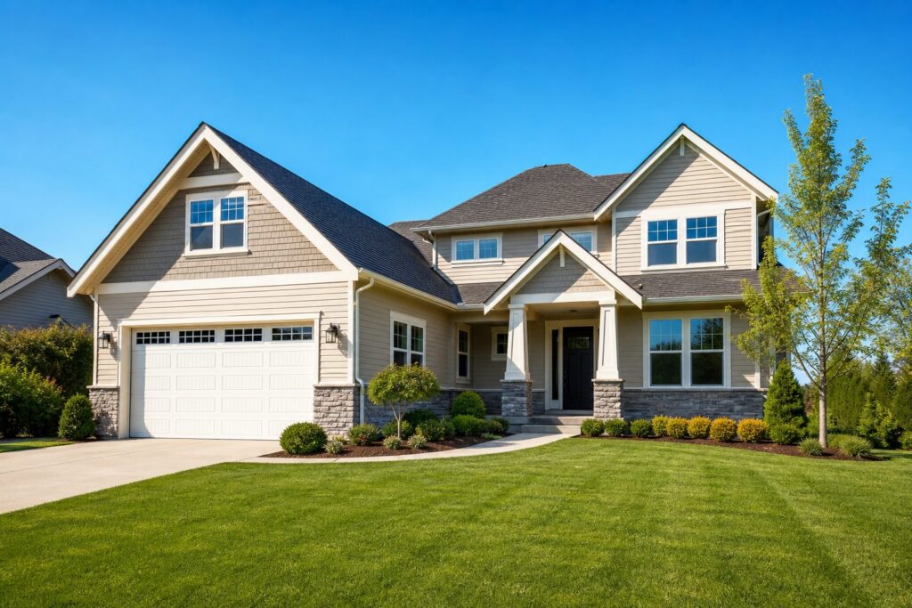 Well-kept residential property with finished house cleaning work and clear open sky